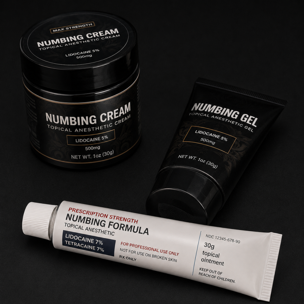 Three types of tattoo numbing products including cream, gel, and prescription formula arranged on a dark surface