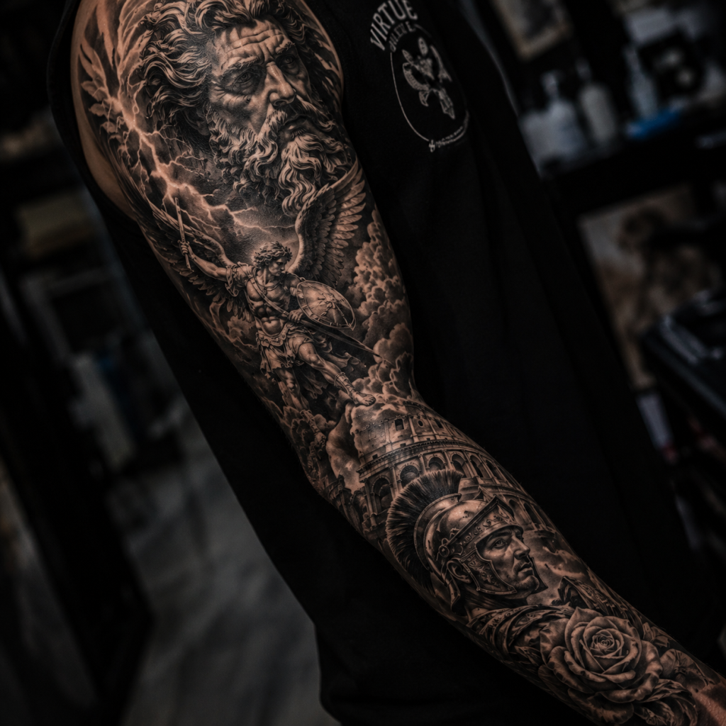realism sleeve tattoo on a man's arm