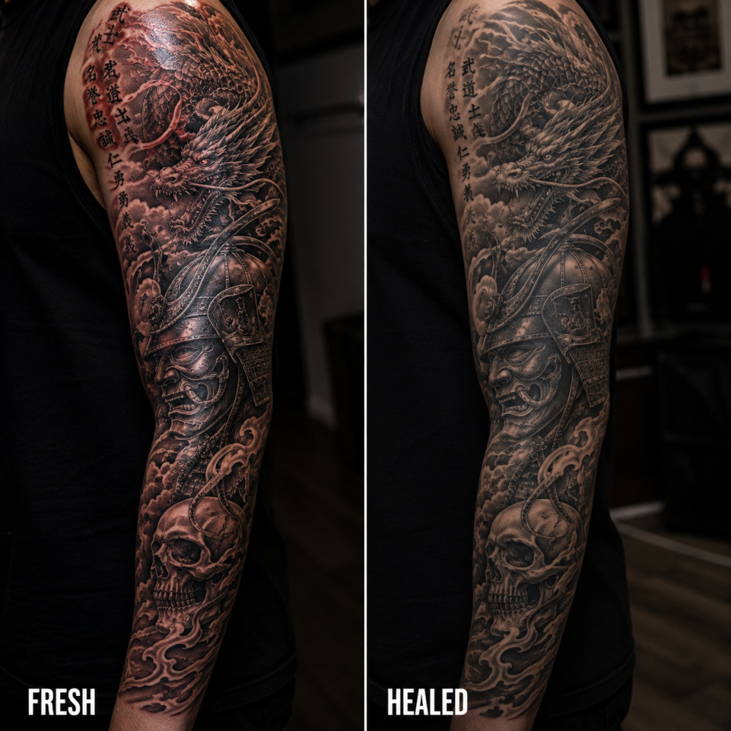 fresh versus healed sleeve tattoo comparison