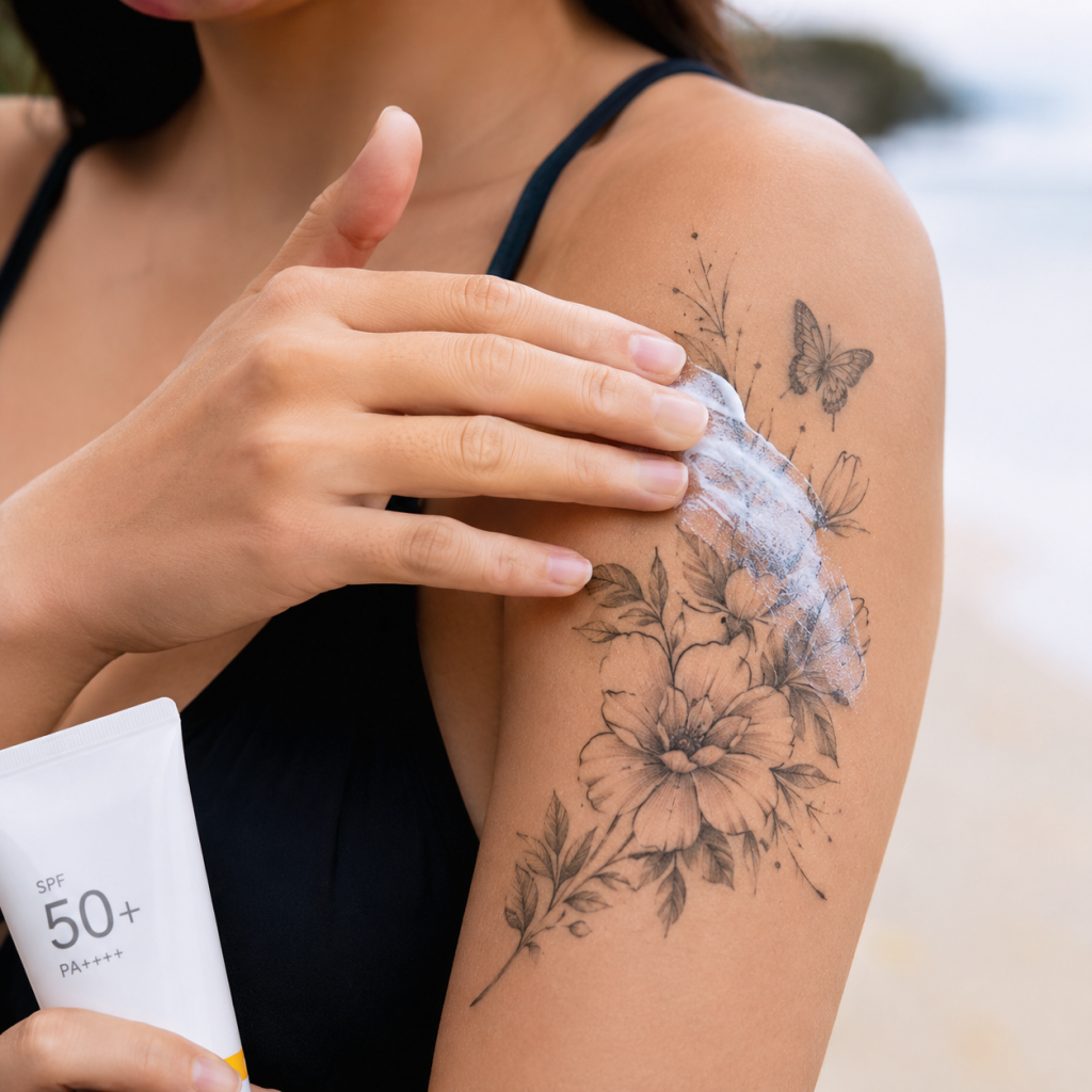 Applying sunscreen to a healed tattoo to prevent fading