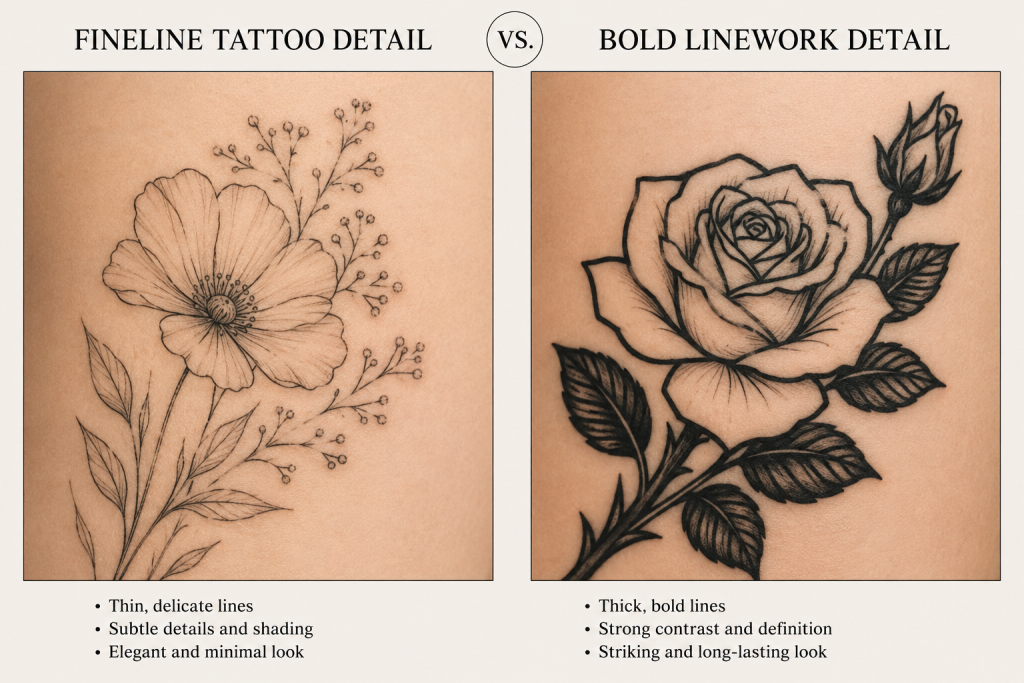 Fineline versus black linework tattoo detail comparison